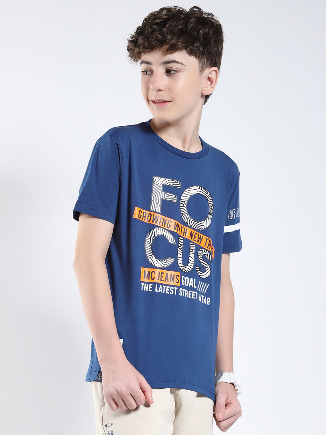 Boys Blue Printed Round Neck Half Sleeve T-Shirt