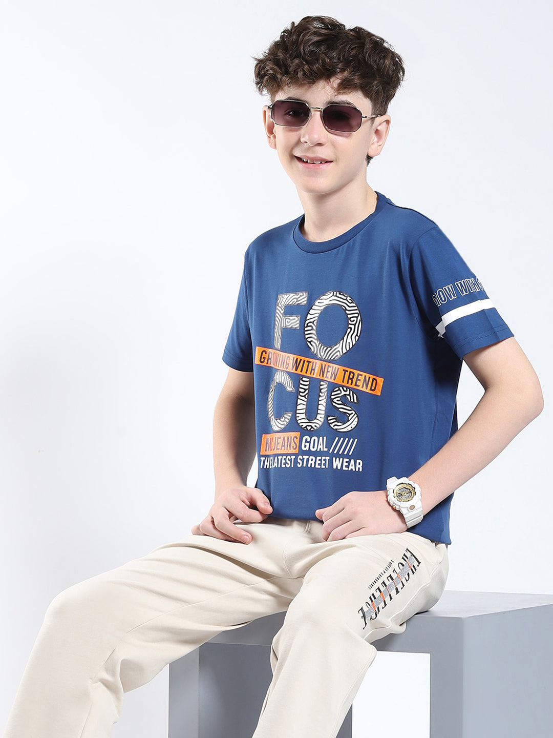 Boys Blue Printed Round Neck Half Sleeve T-Shirt