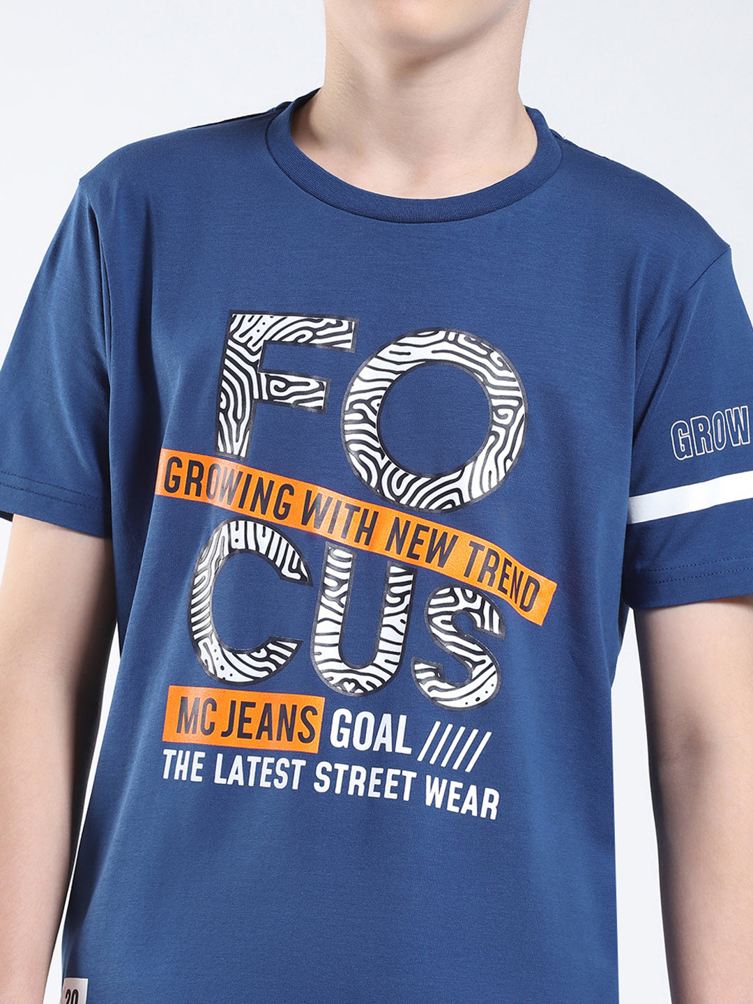 Boys Blue Printed Round Neck Half Sleeve T-Shirt