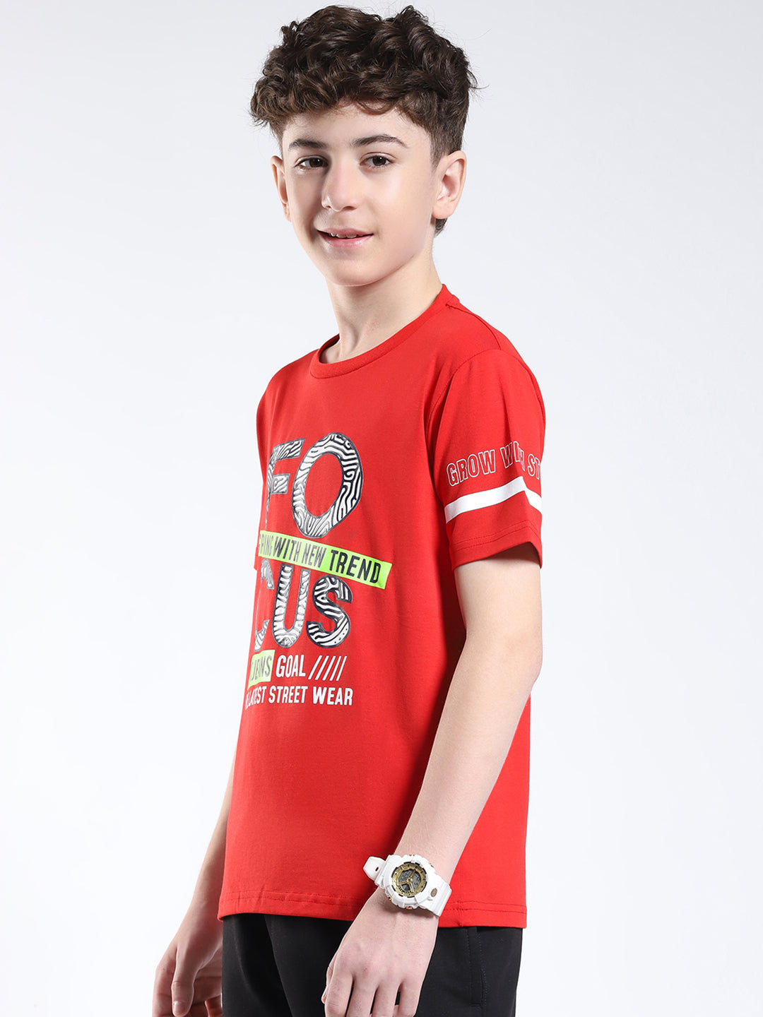 Boys Red Printed Round Neck Half Sleeve T-Shirt