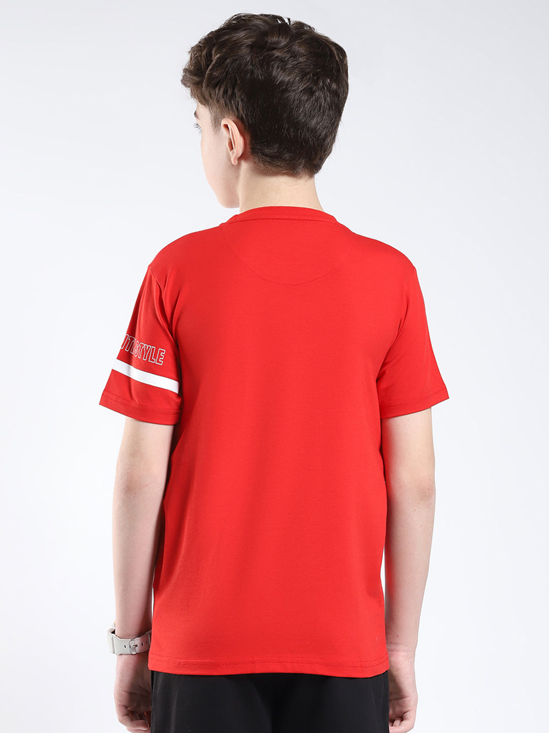 Boys Red Printed Round Neck Half Sleeve T-Shirt
