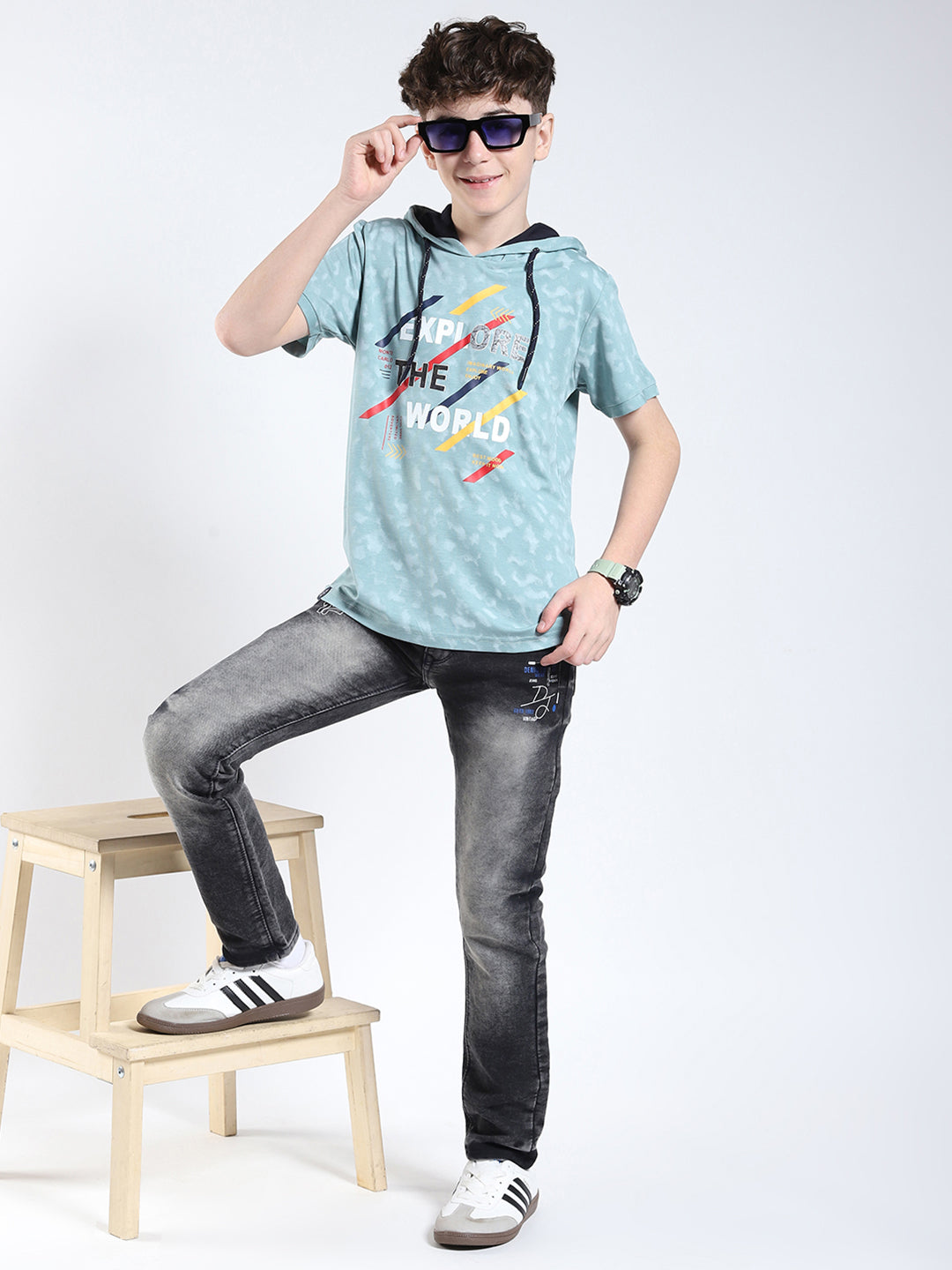 Boys Green Printed Hooded Half Sleeve T-Shirt