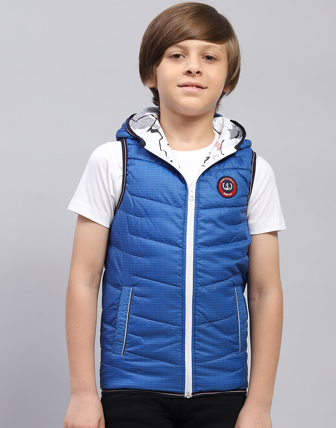 Boys Blue Printed Hooded Sleeveless Jacket
