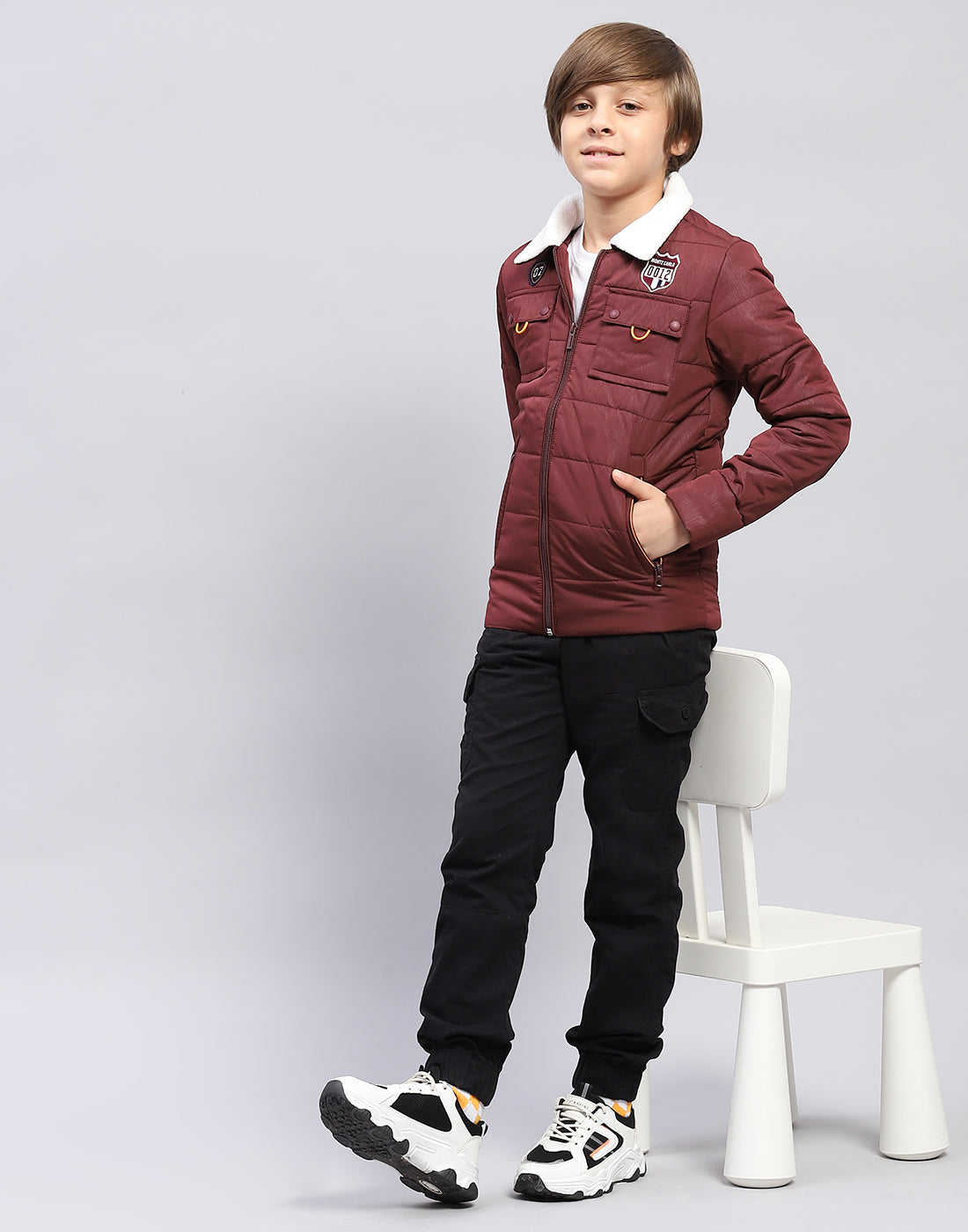 Boys Maroon Solid Collar Full Sleeve Jacket