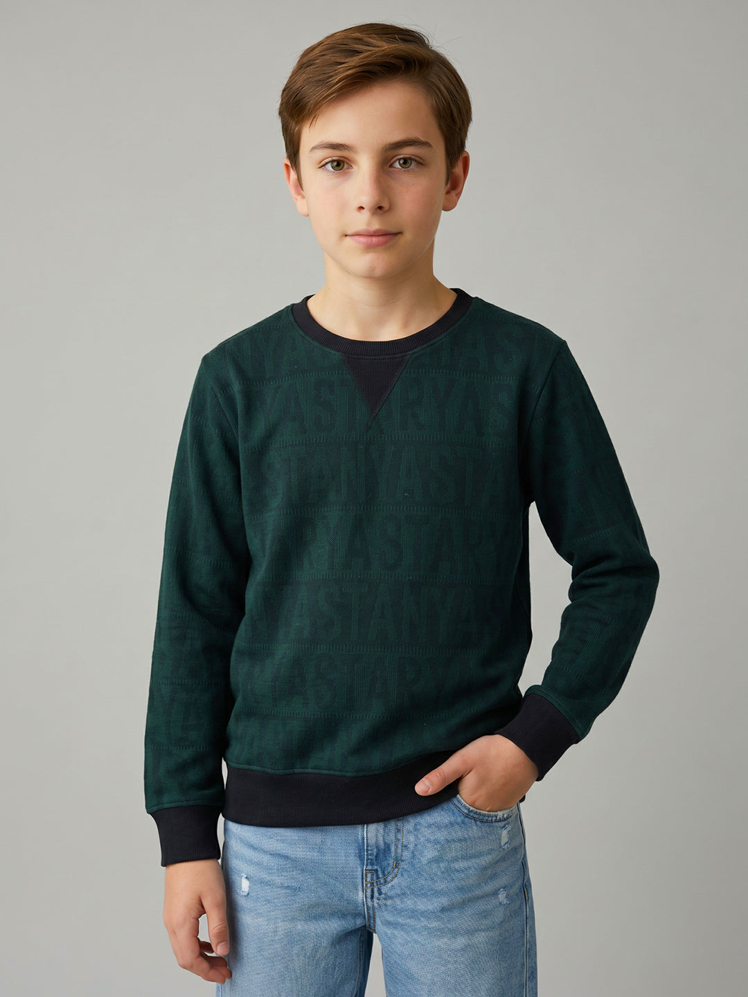 Boys Green Jacquard Round Neck Full Sleeve Sweatshirt