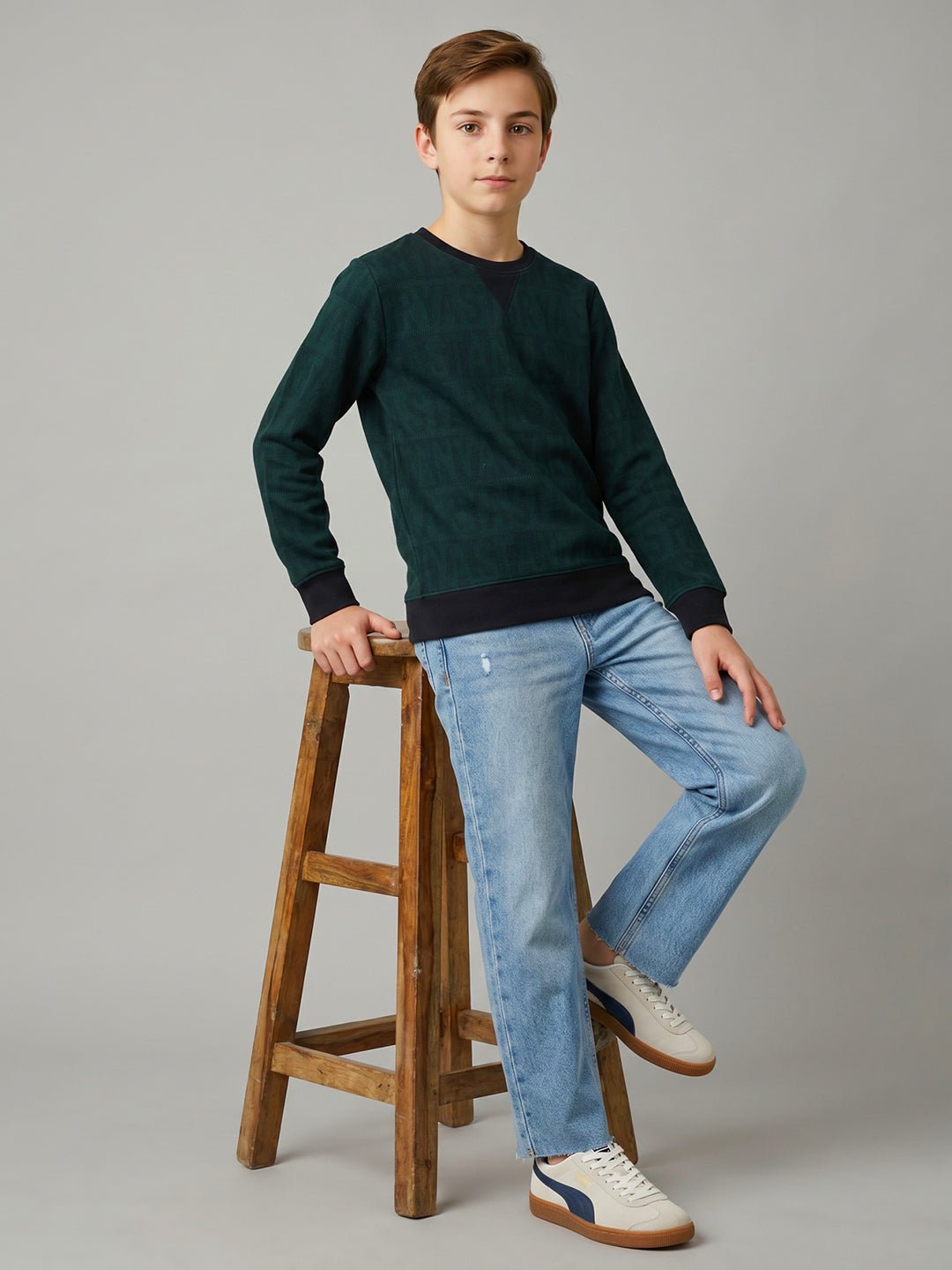 Boys Green Jacquard Round Neck Full Sleeve Sweatshirt