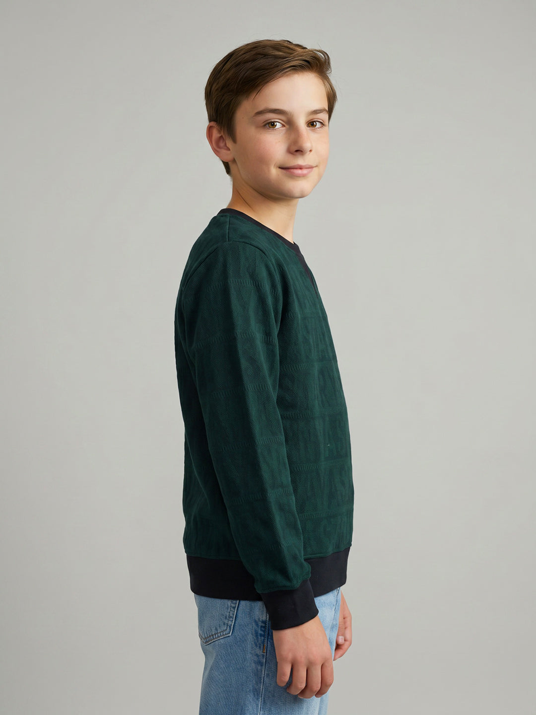 Boys Green Jacquard Round Neck Full Sleeve Sweatshirt