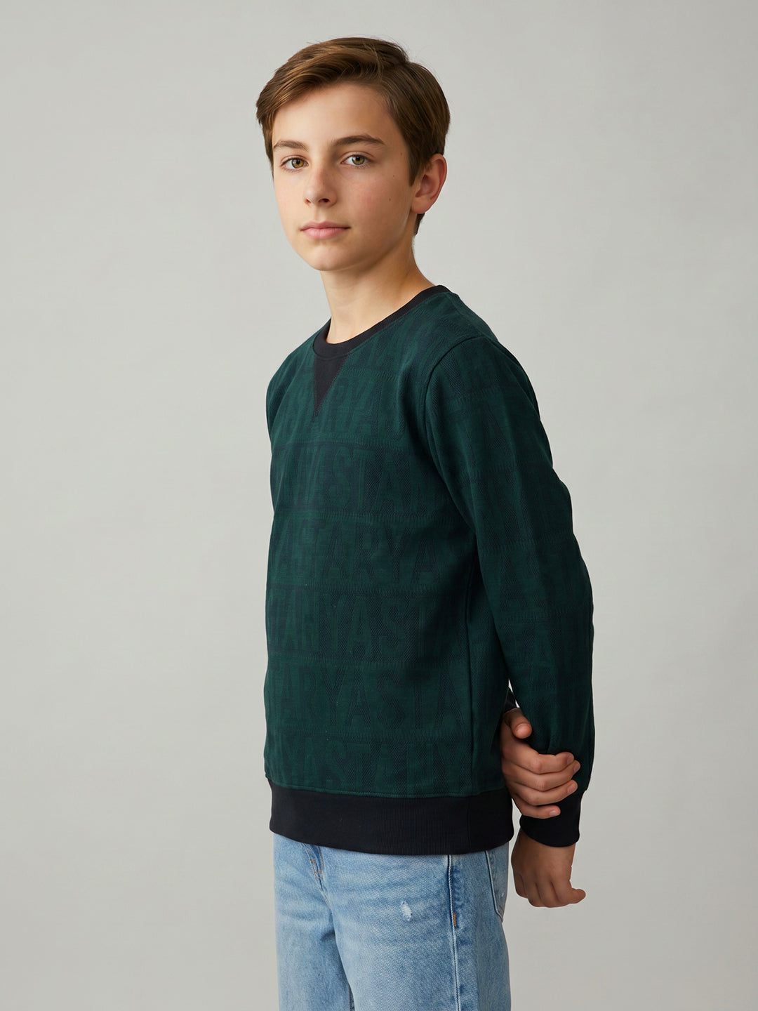 Boys Green Jacquard Round Neck Full Sleeve Sweatshirt