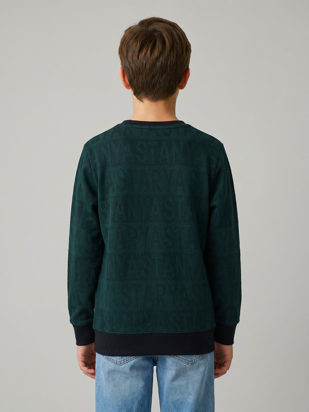 Boys Green Jacquard Round Neck Full Sleeve Sweatshirt