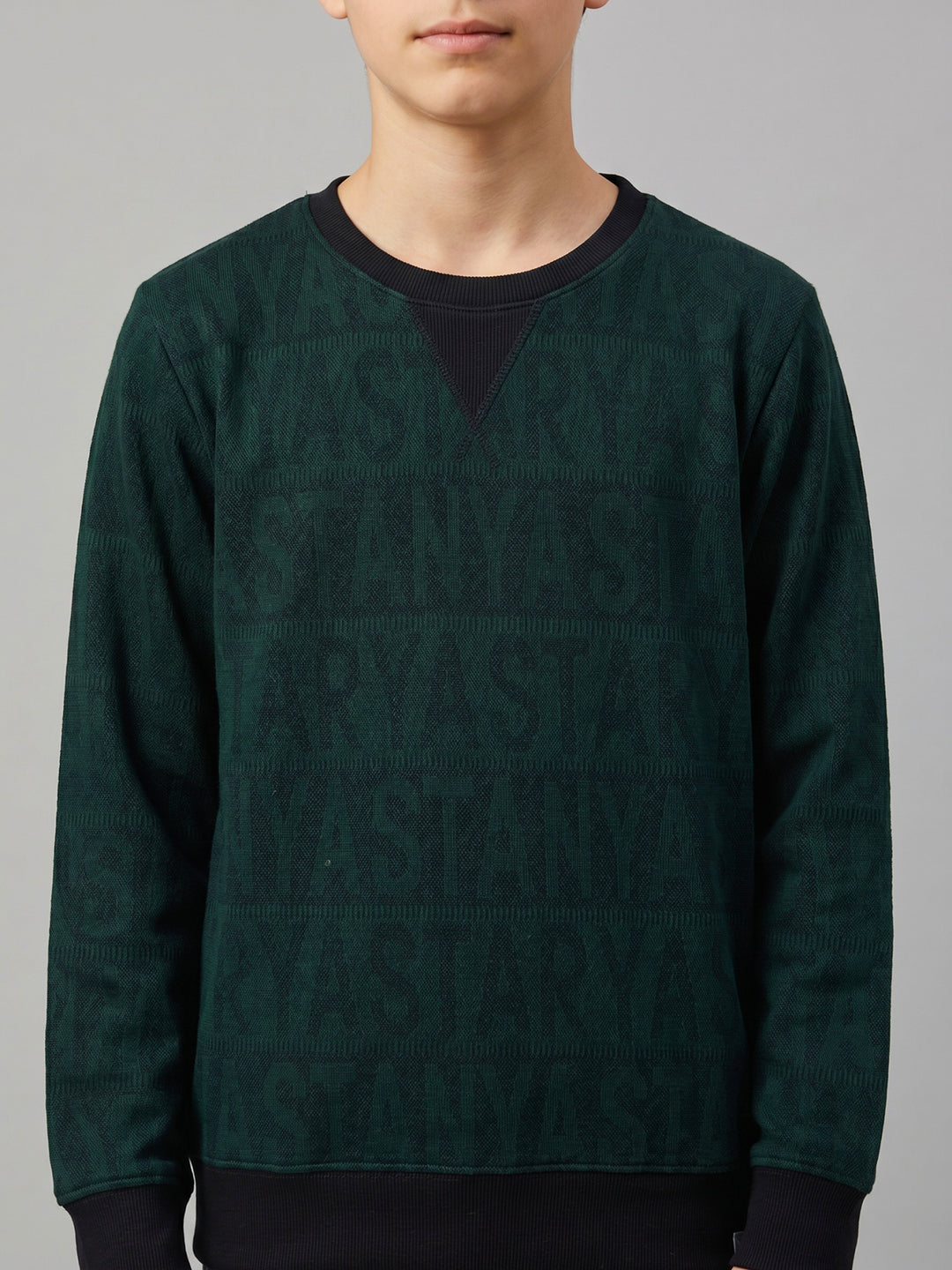 Boys Green Jacquard Round Neck Full Sleeve Sweatshirt