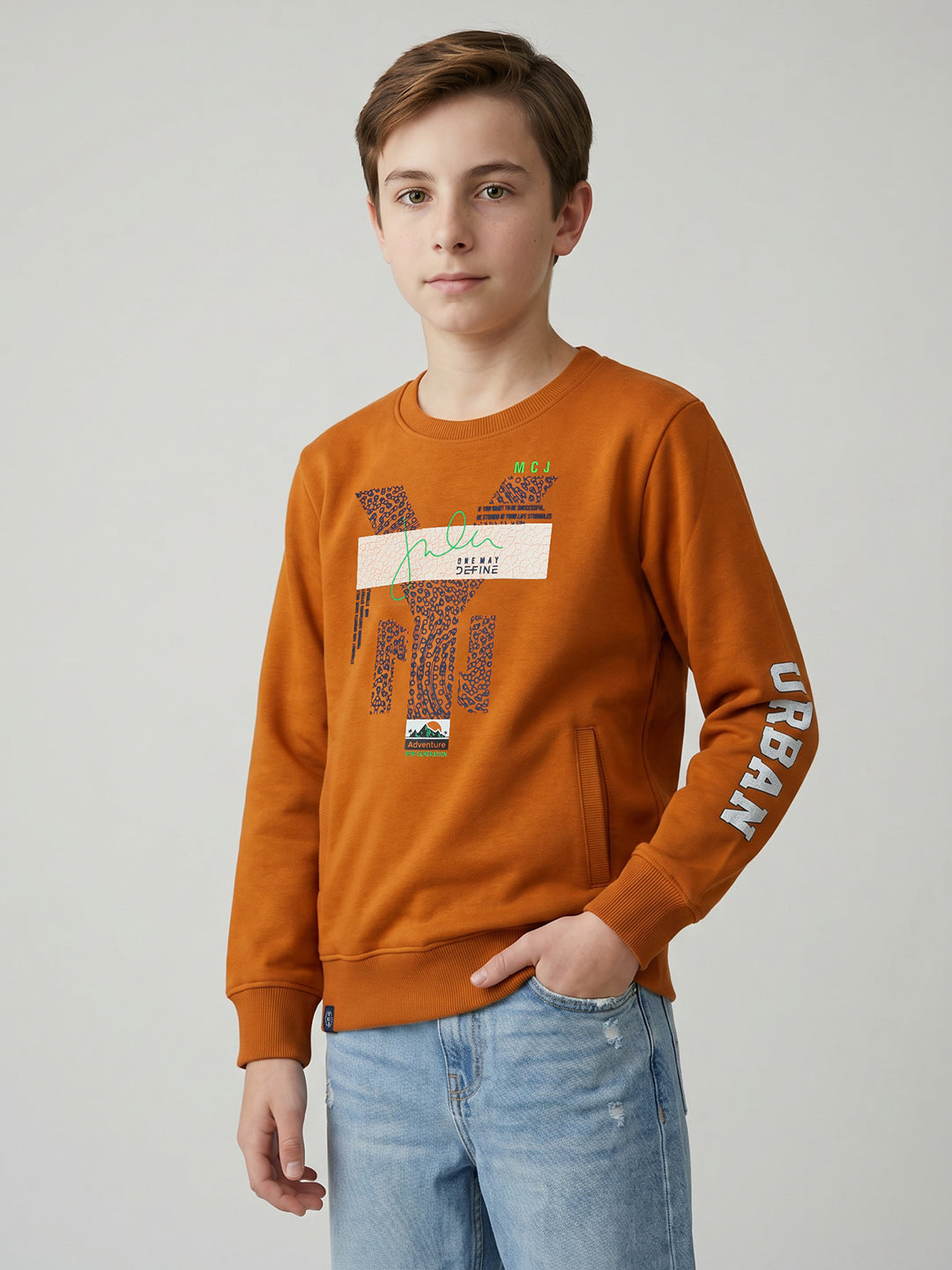 Boys Rust Printed Round Neck Full Sleeve Sweatshirt