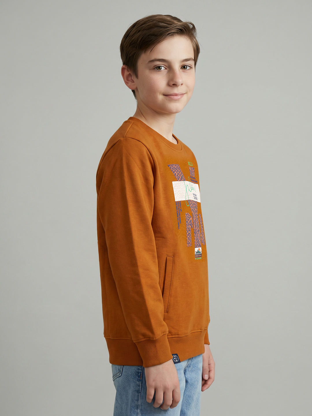 Boys Rust Printed Round Neck Full Sleeve Sweatshirt