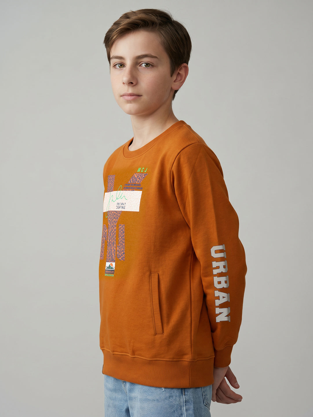 Boys Rust Printed Round Neck Full Sleeve Sweatshirt