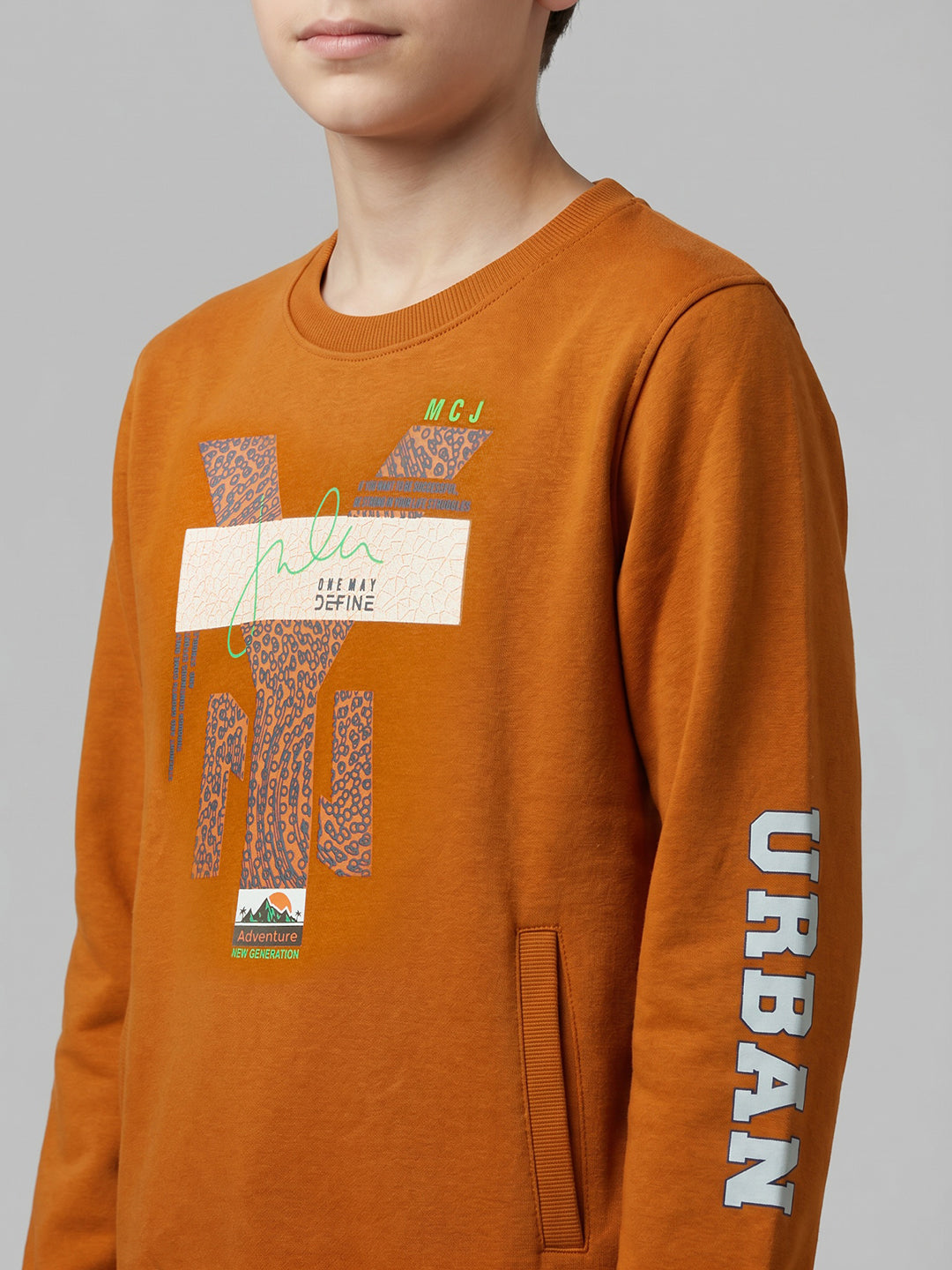 Boys Rust Printed Round Neck Full Sleeve Sweatshirt