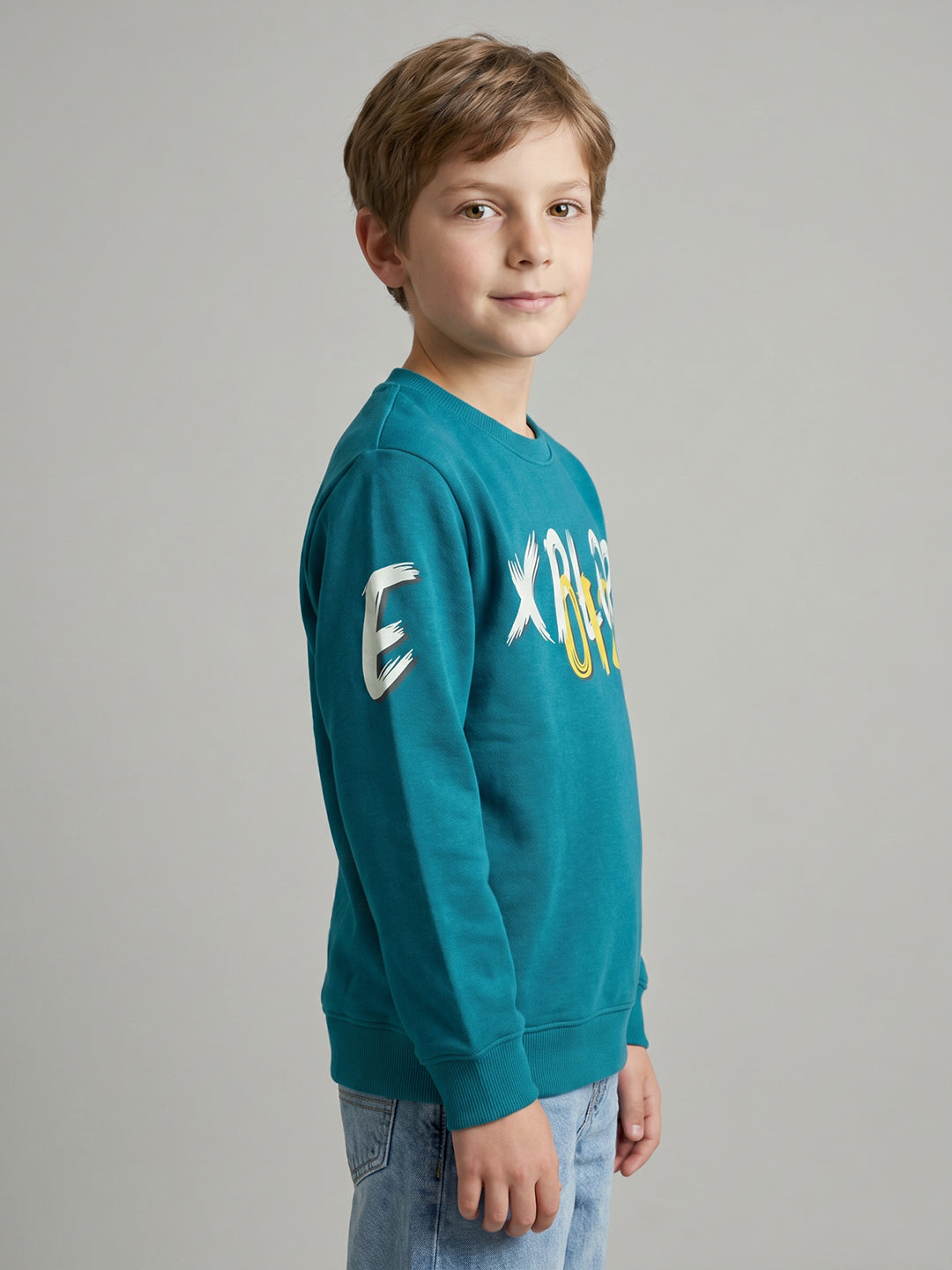 Boys Teal Blue Printed Round Neck Full Sleeve Sweatshirt