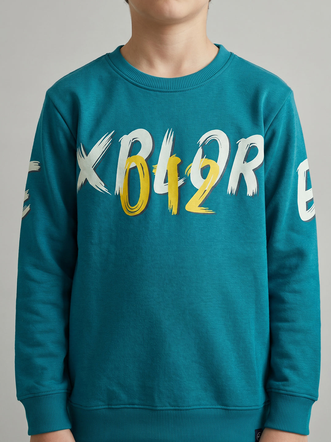 Boys Teal Blue Printed Round Neck Full Sleeve Sweatshirt