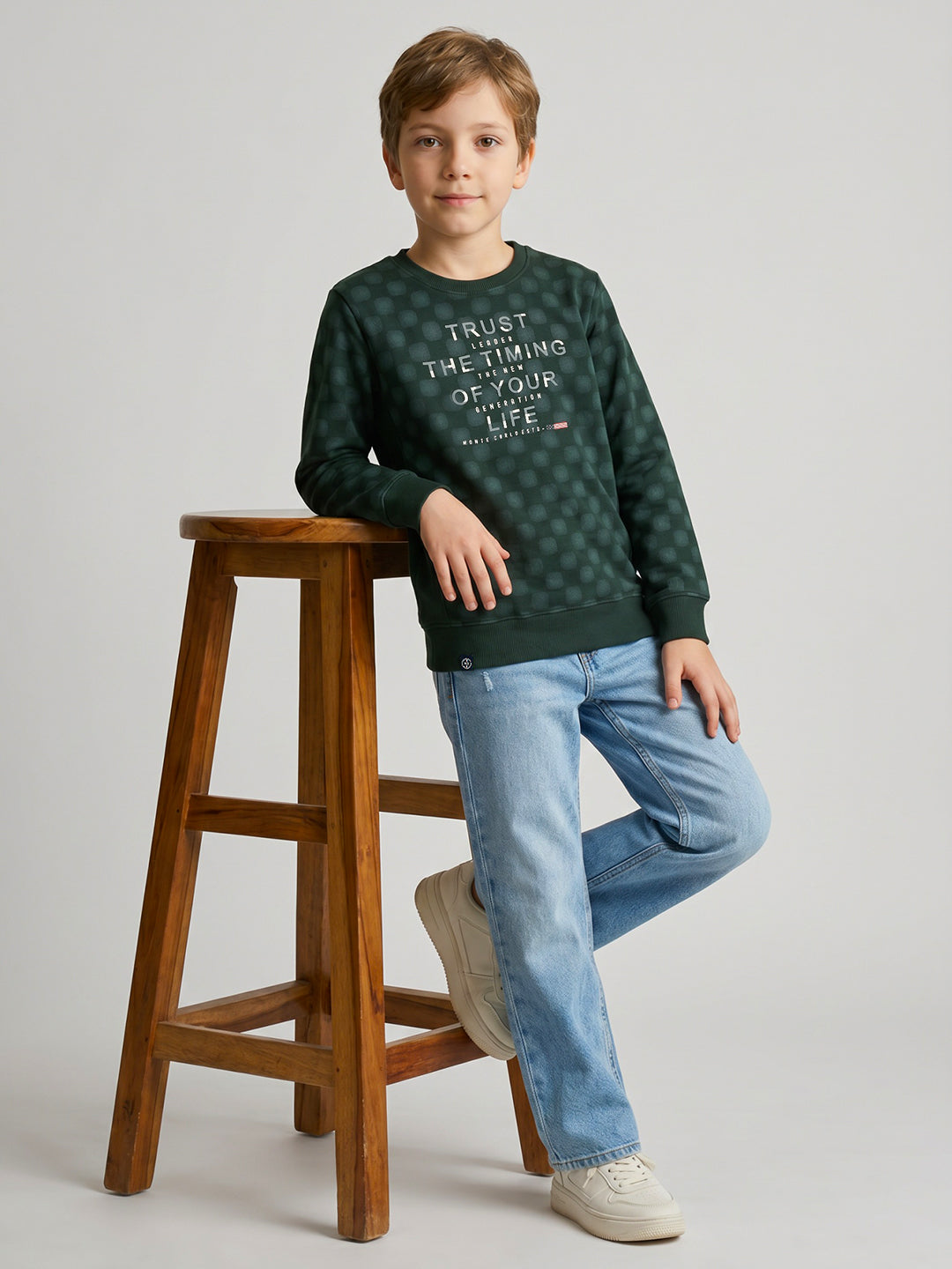 Boys Green Printed Round Neck Full Sleeve Sweatshirt