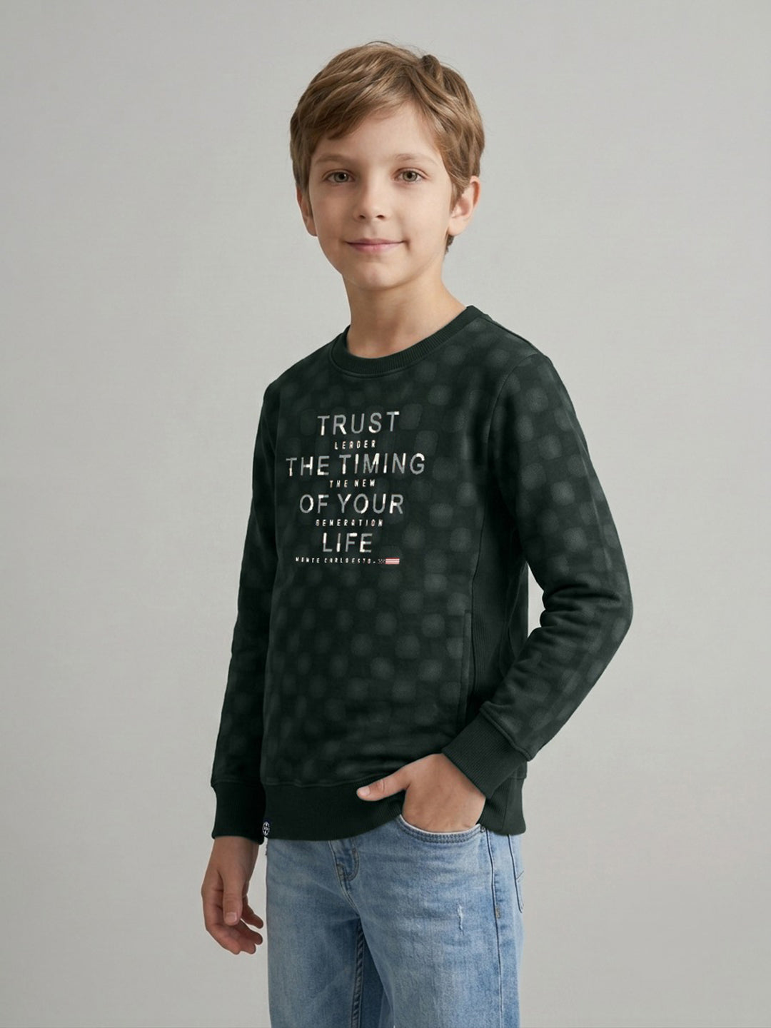 Boys Green Printed Round Neck Full Sleeve Sweatshirt
