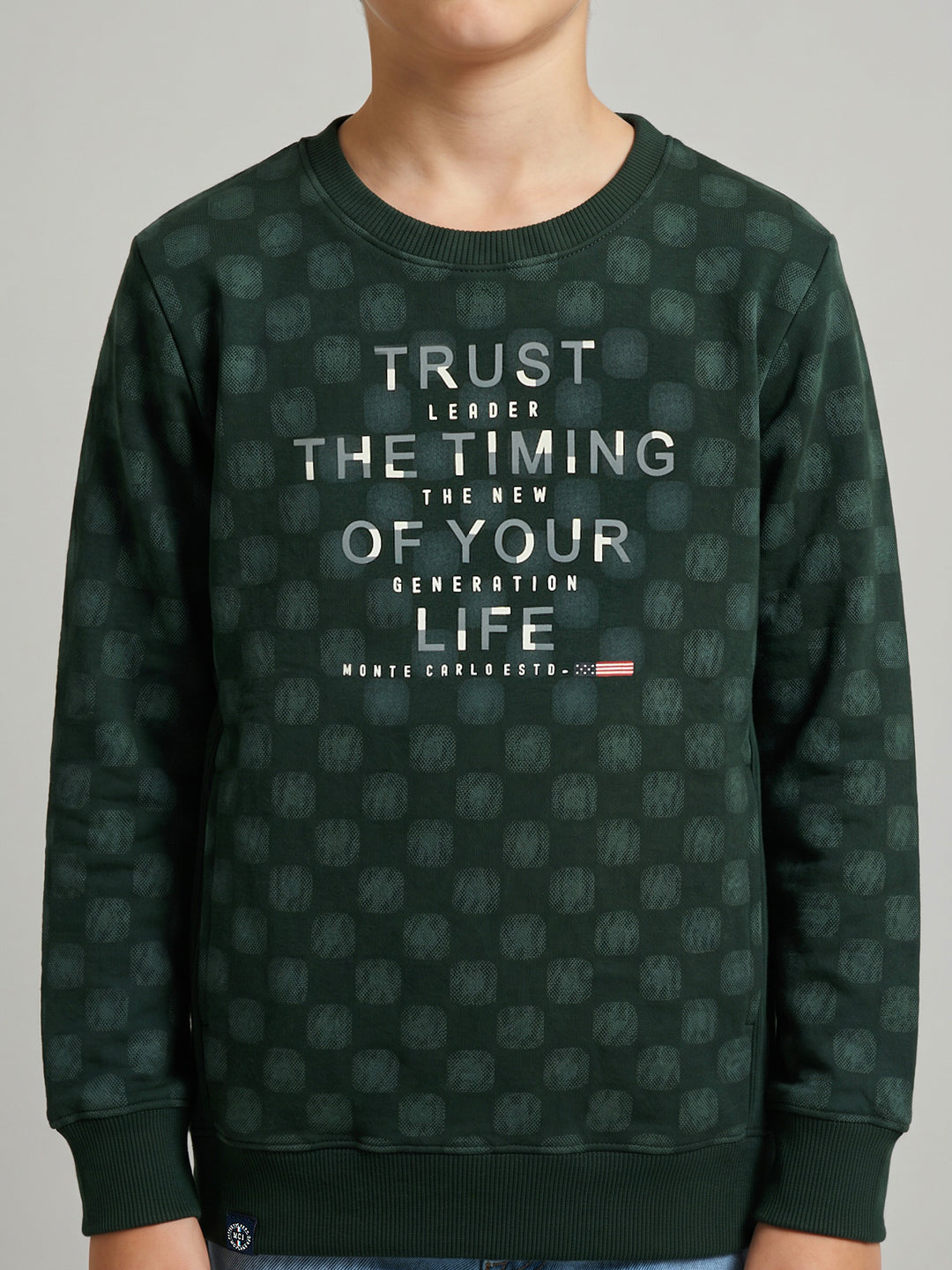Boys Green Printed Round Neck Full Sleeve Sweatshirt
