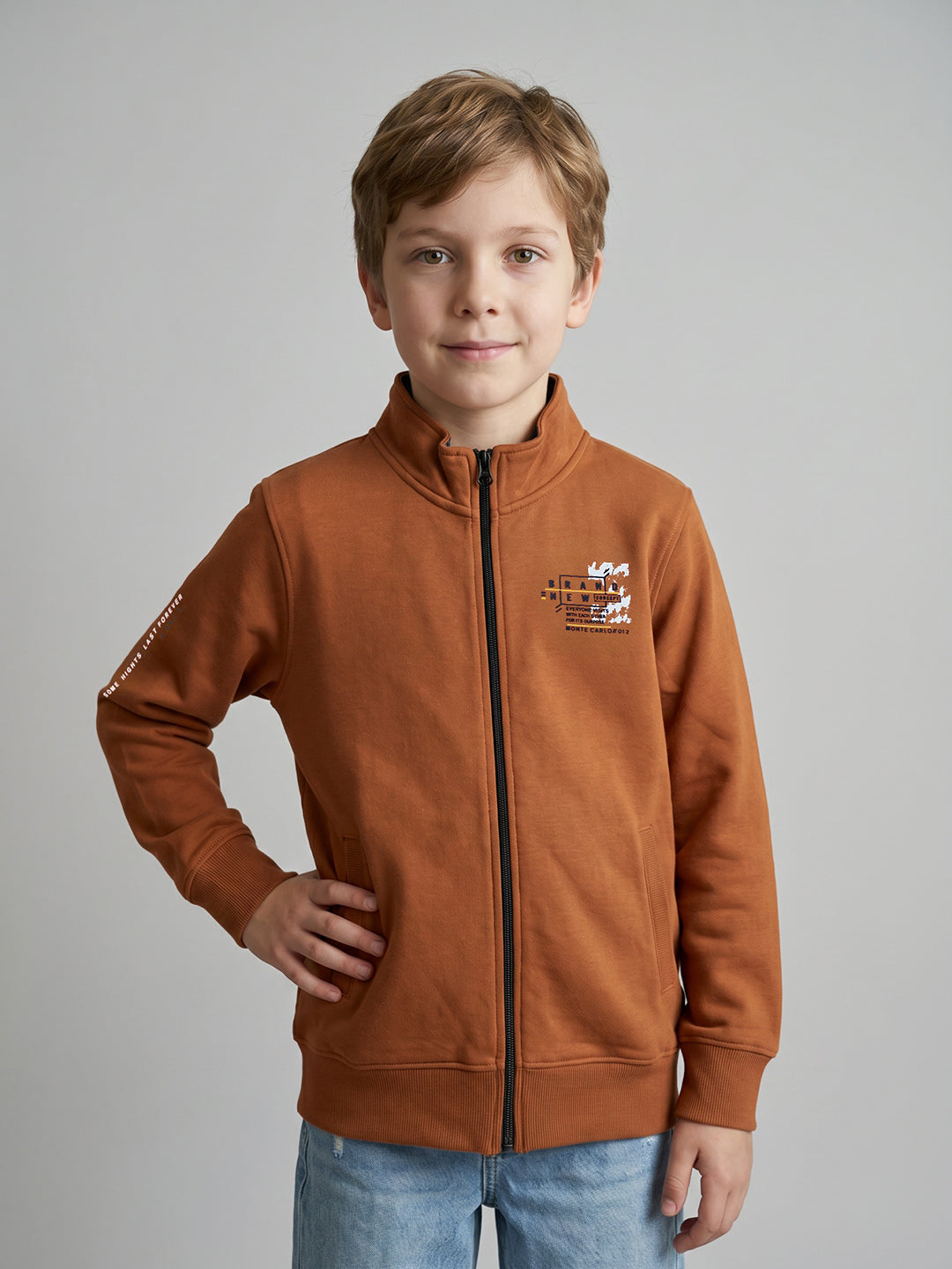 Boys Rust Printed Stand Collar Full Sleeve Sweatshirt