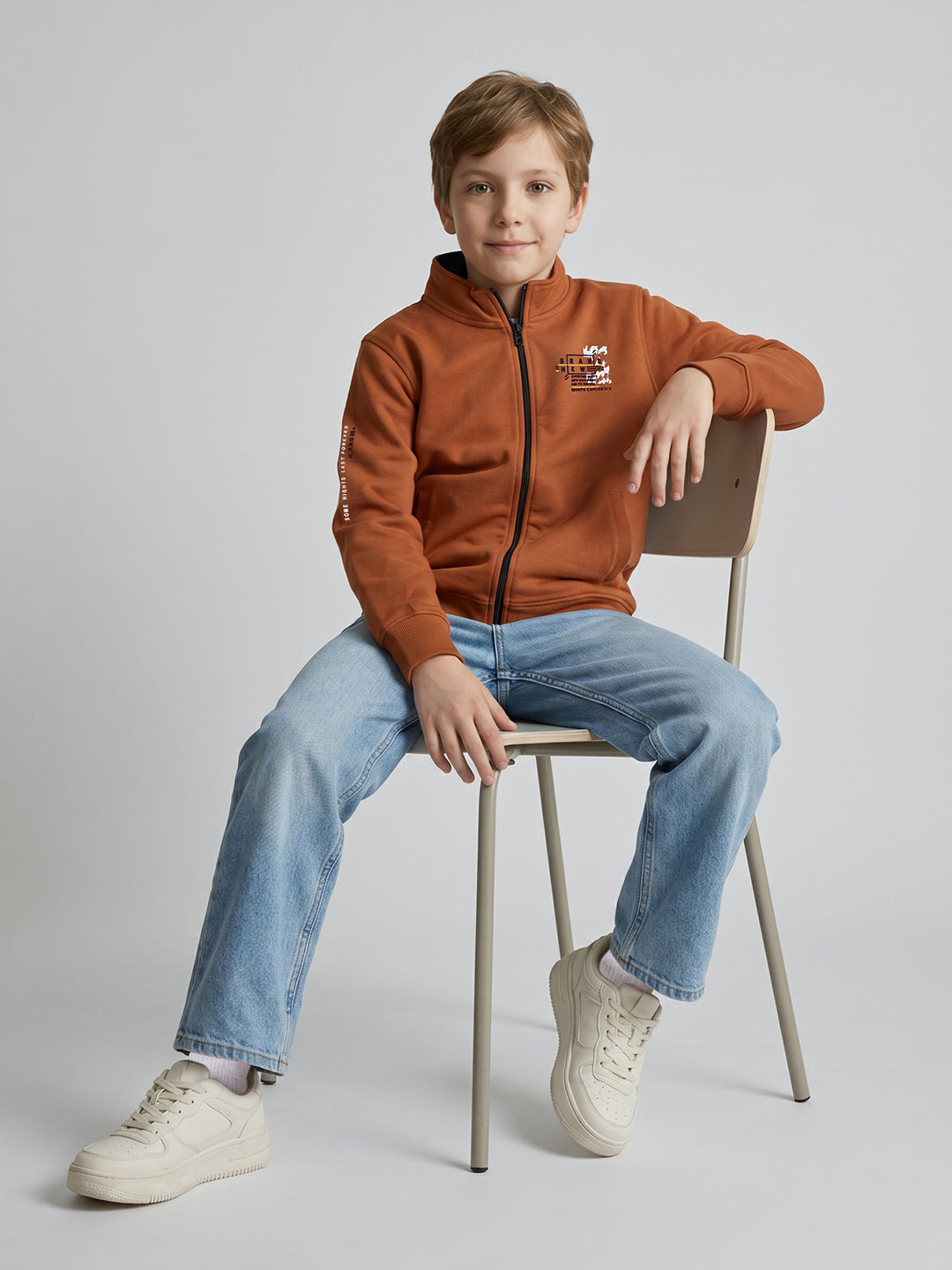 Boys Rust Printed Stand Collar Full Sleeve Sweatshirt