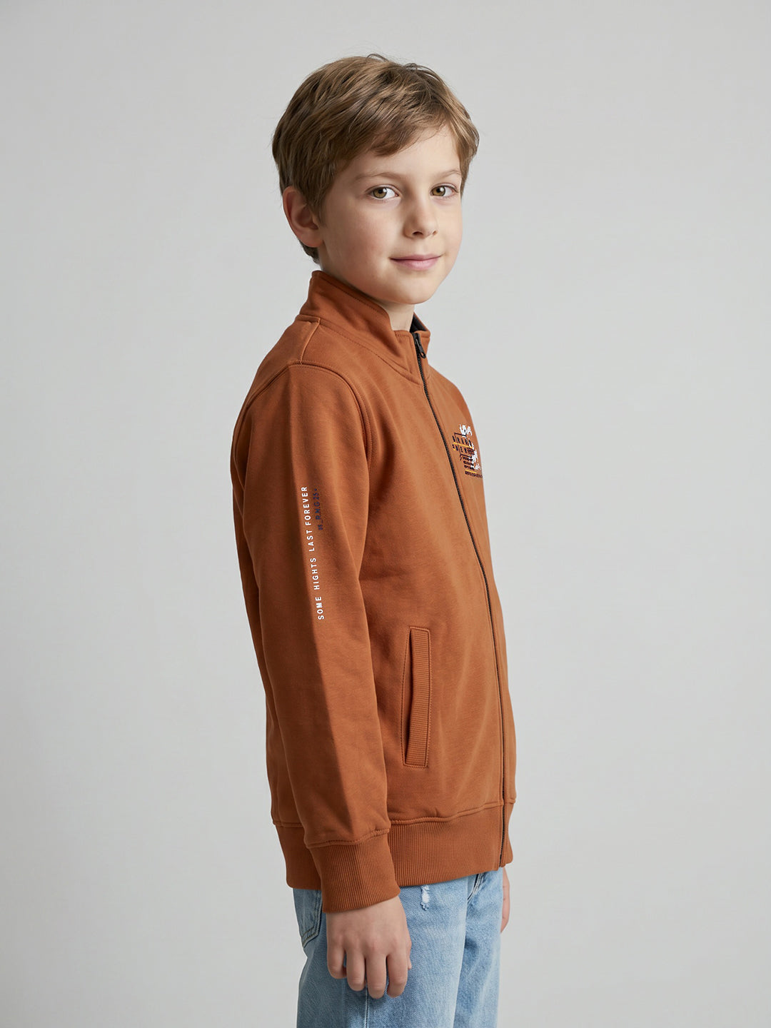 Boys Rust Printed Stand Collar Full Sleeve Sweatshirt