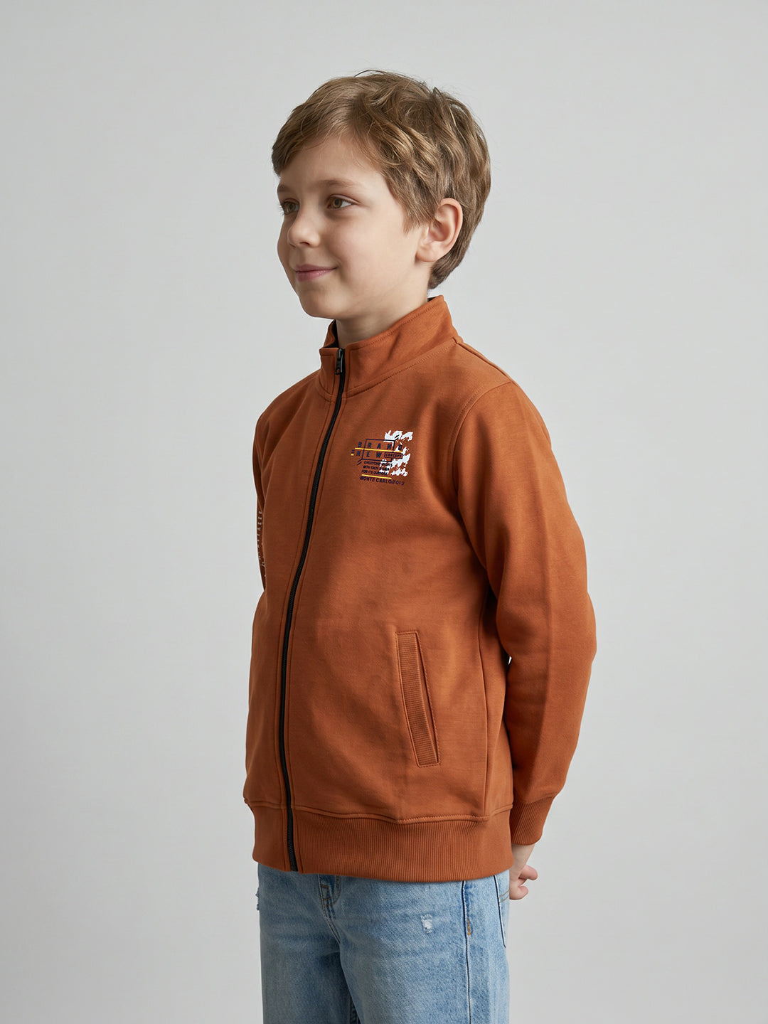 Boys Rust Printed Stand Collar Full Sleeve Sweatshirt