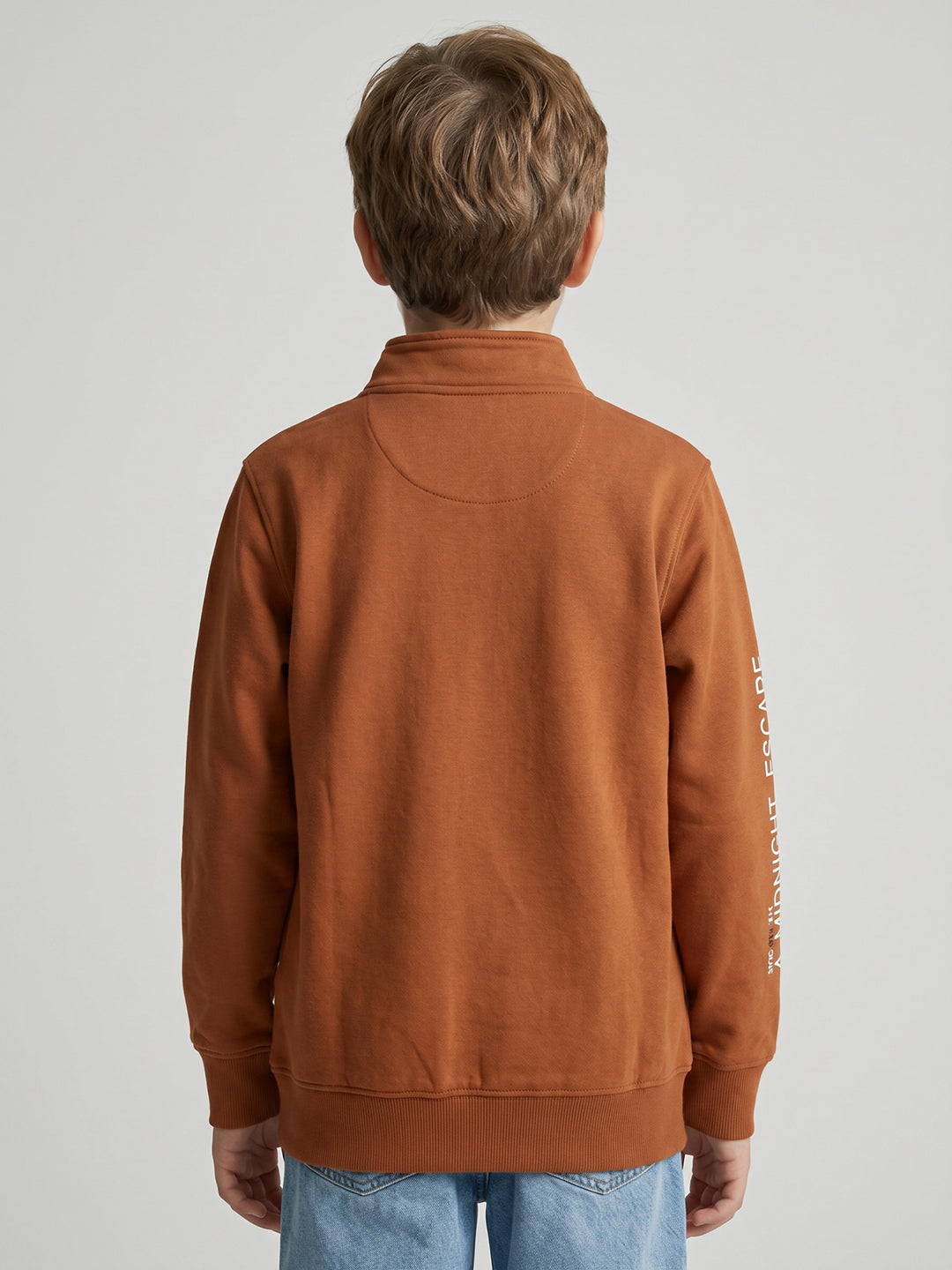 Boys Rust Printed Stand Collar Full Sleeve Sweatshirt