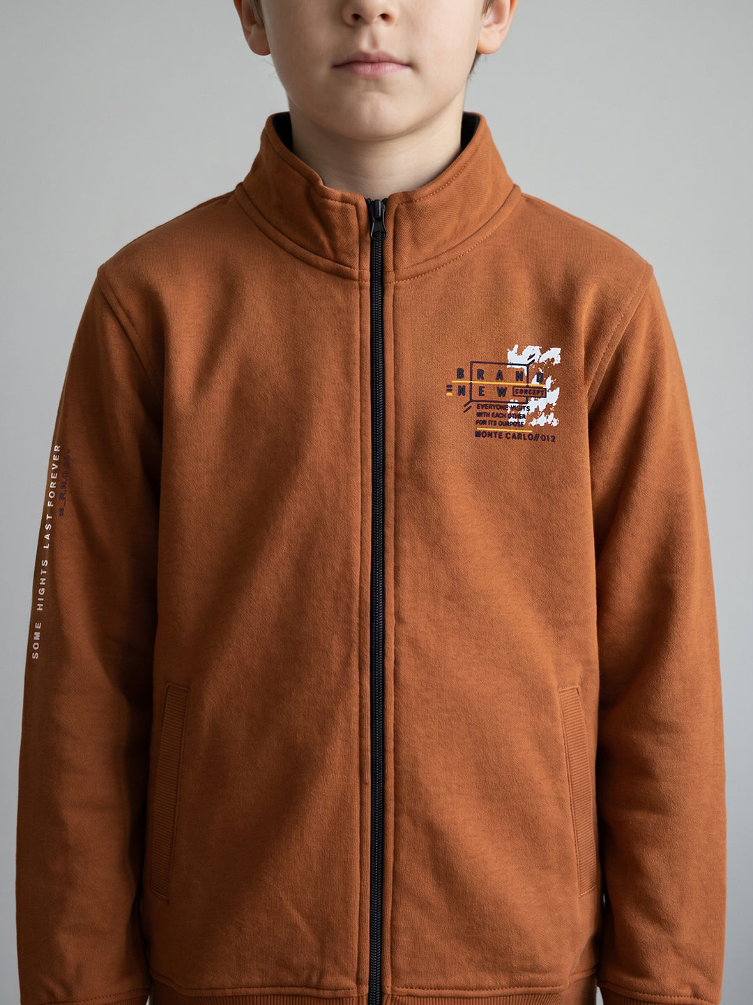Boys Rust Printed Stand Collar Full Sleeve Sweatshirt