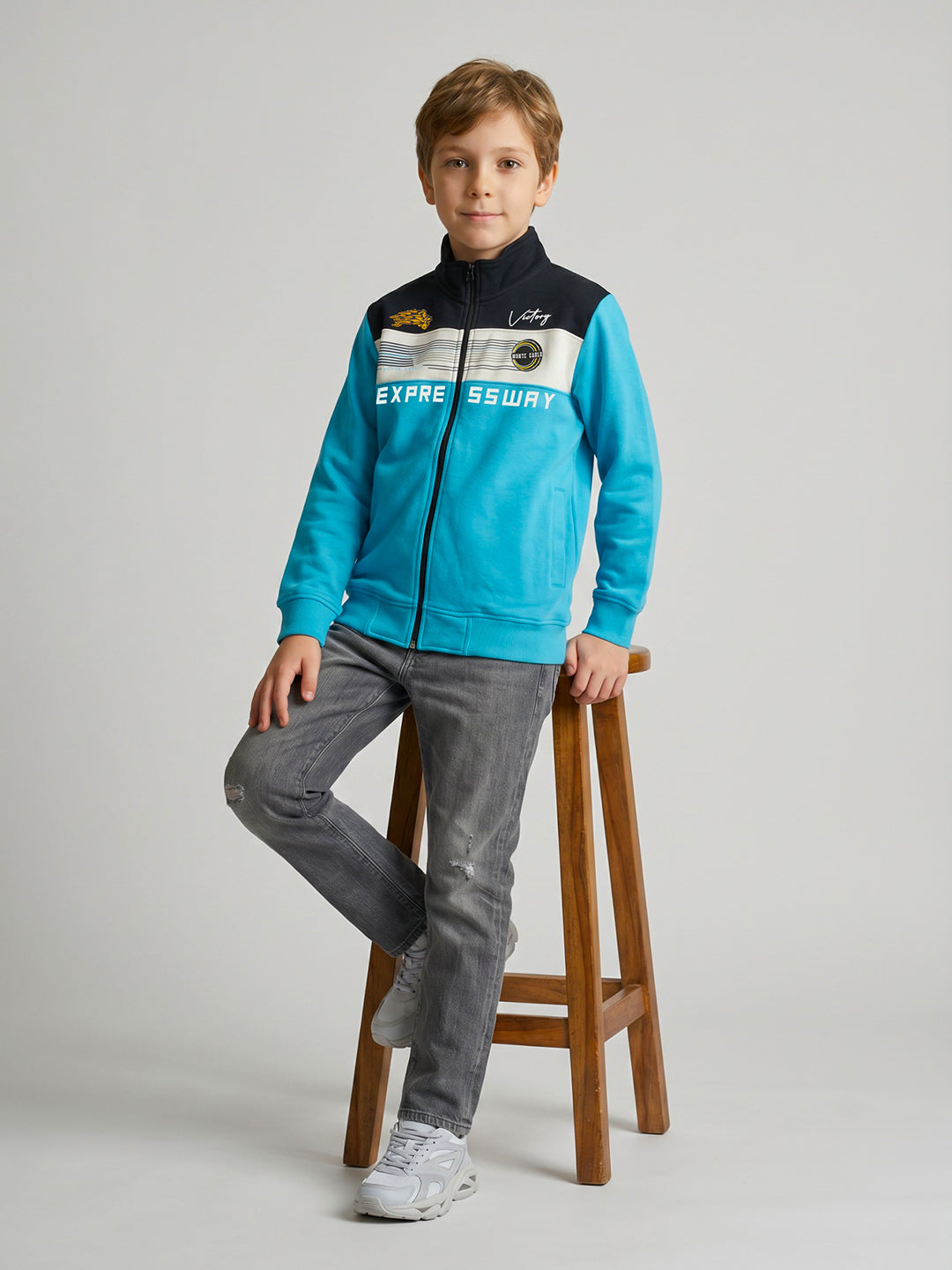 Boys Turquoise Blue Printed Turtle Neck Full Sleeve Sweatshirt