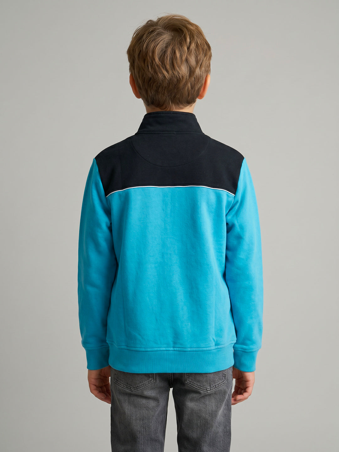 Boys Turquoise Blue Printed Turtle Neck Full Sleeve Sweatshirt