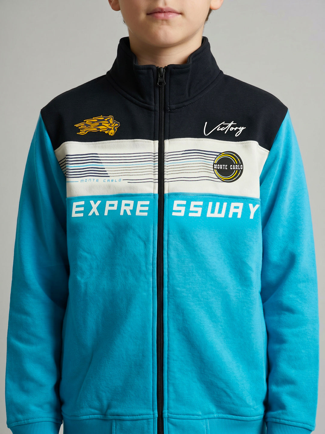 Boys Turquoise Blue Printed Turtle Neck Full Sleeve Sweatshirt