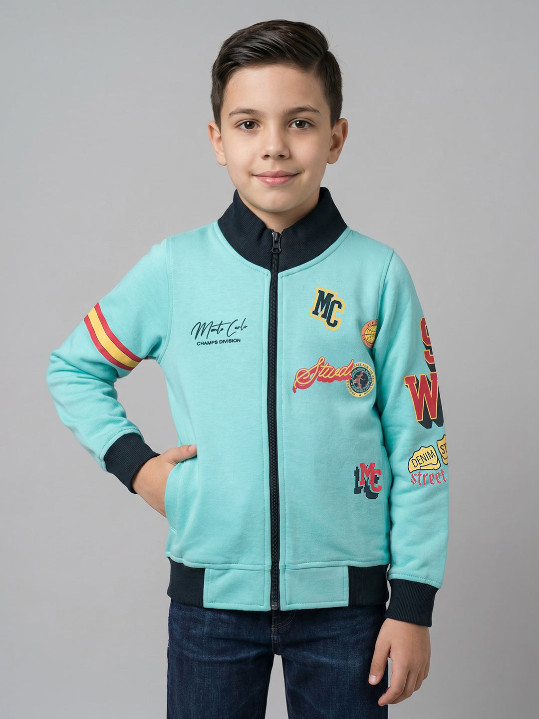 Boys Blue Printed Turtle Neck Full Sleeve Sweatshirt