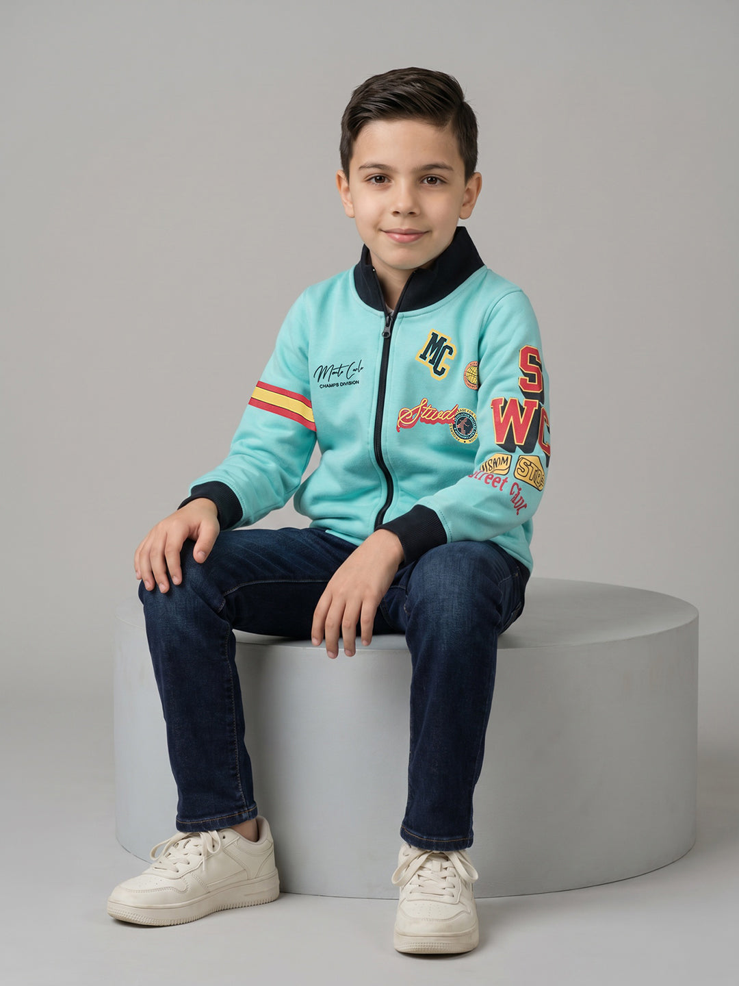 Boys Blue Printed Turtle Neck Full Sleeve Sweatshirt