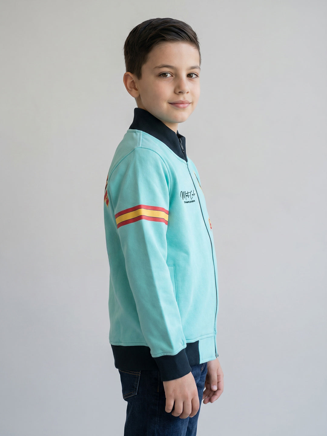 Boys Blue Printed Turtle Neck Full Sleeve Sweatshirt