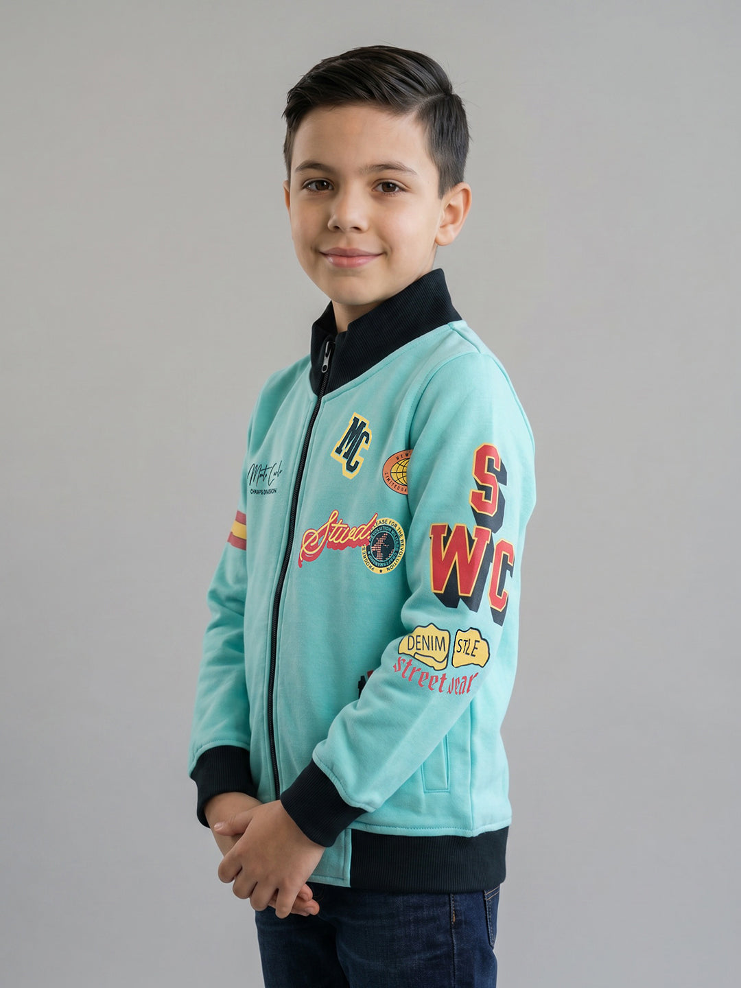 Boys Blue Printed Turtle Neck Full Sleeve Sweatshirt