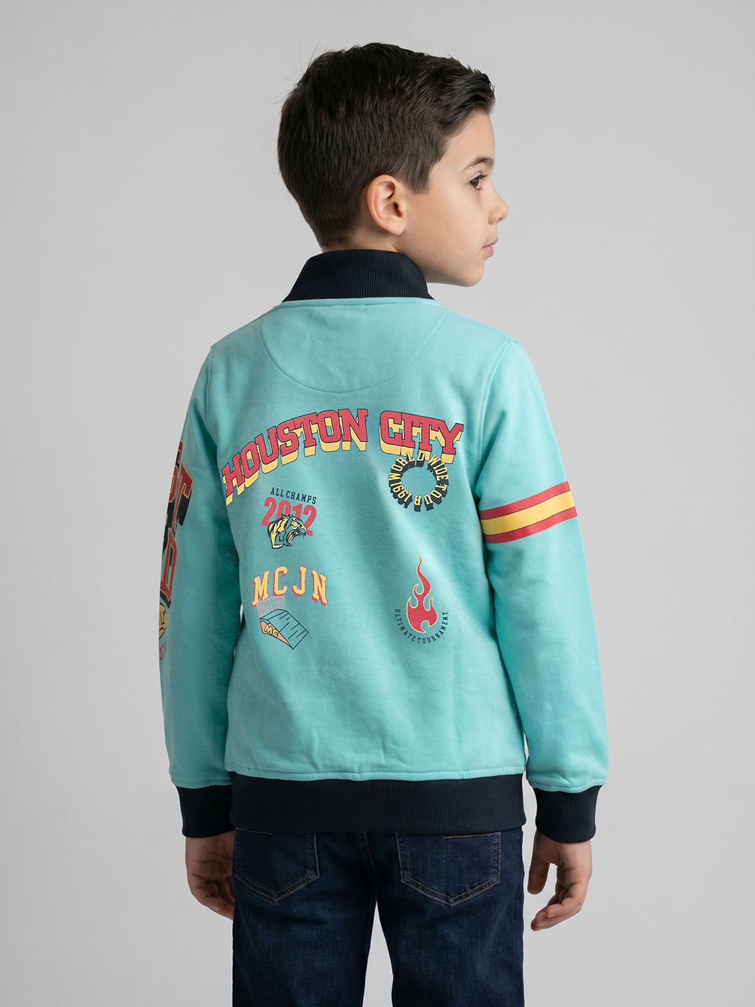 Boys Blue Printed Turtle Neck Full Sleeve Sweatshirt
