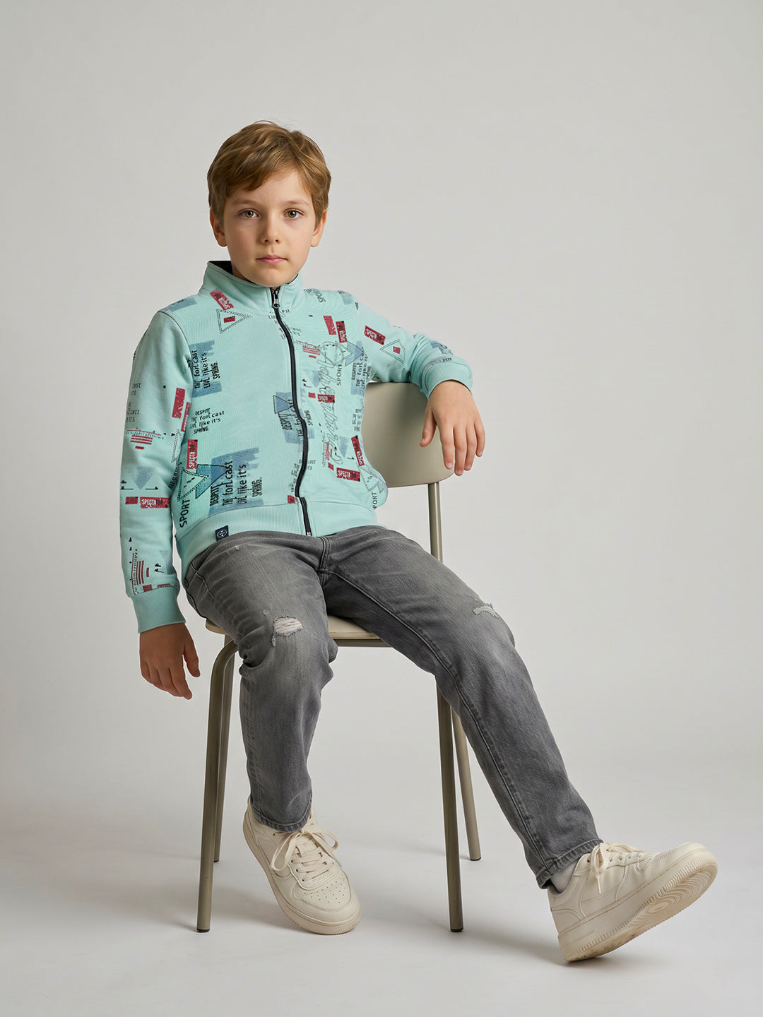 Boys Blue Printed Turtle Neck Full Sleeve Sweatshirt
