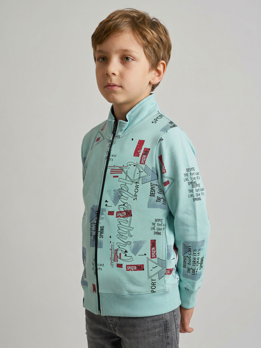 Boys Blue Printed Turtle Neck Full Sleeve Sweatshirt