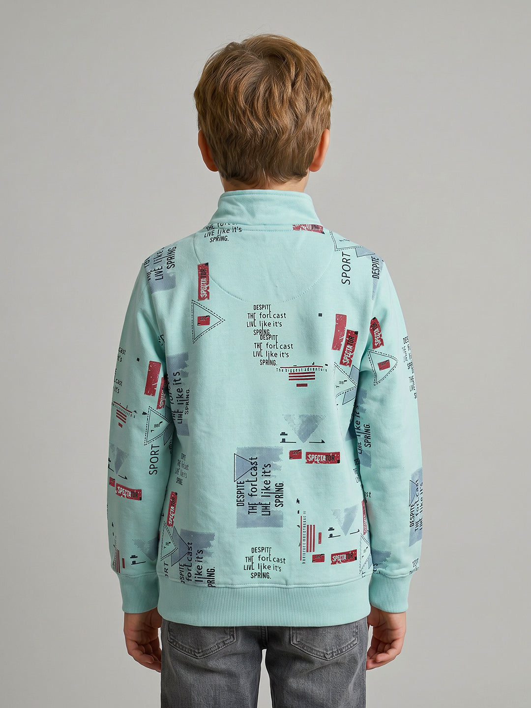 Boys Blue Printed Turtle Neck Full Sleeve Sweatshirt