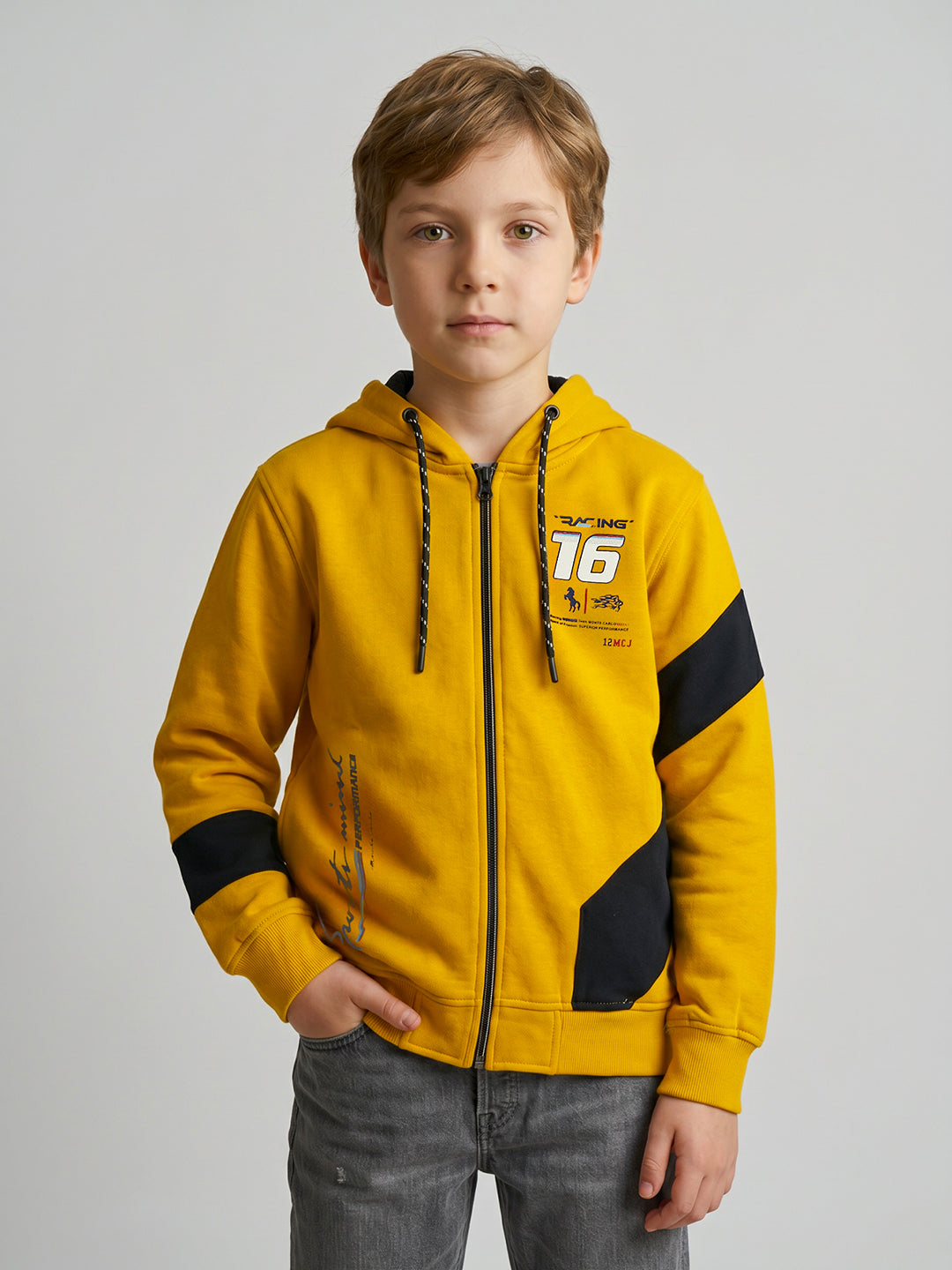 Boys Mustard Printed Collar Full Sleeve Sweatshirt