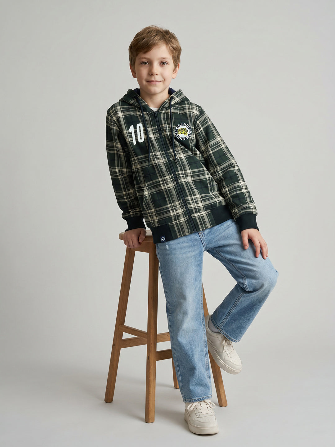 Boys Green Check Hooded Full Sleeve Sweatshirt