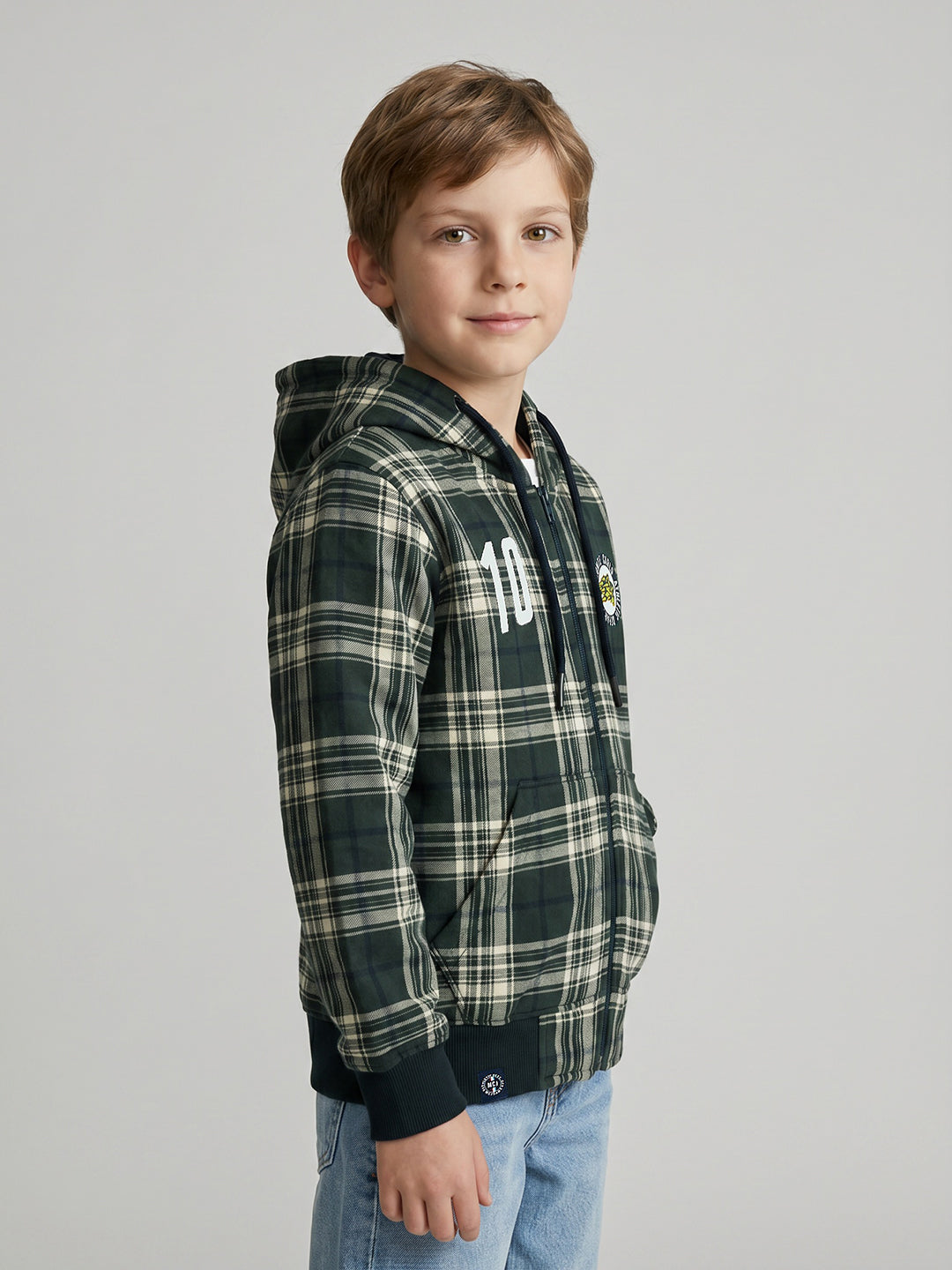 Boys Green Check Hooded Full Sleeve Sweatshirt