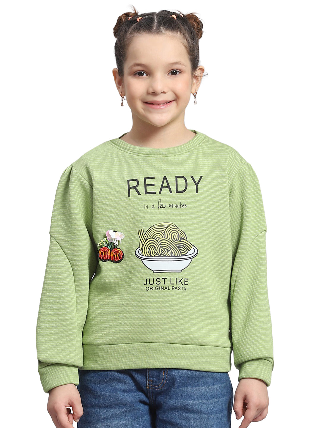 Girls Green Printed Round Neck Full Sleeve Sweatshirt