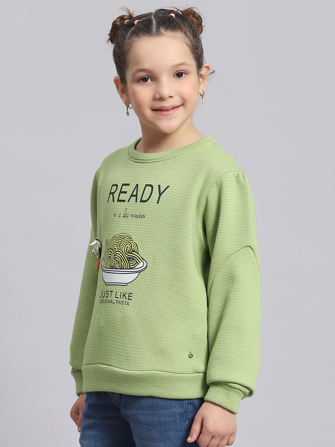 Girls Green Printed Round Neck Full Sleeve Sweatshirt