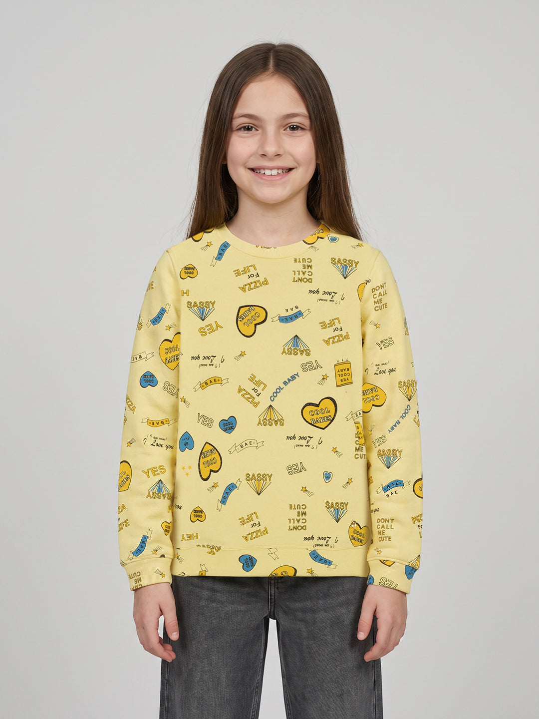 Girls Yellow Printed Round Neck Full Sleeve Sweatshirt