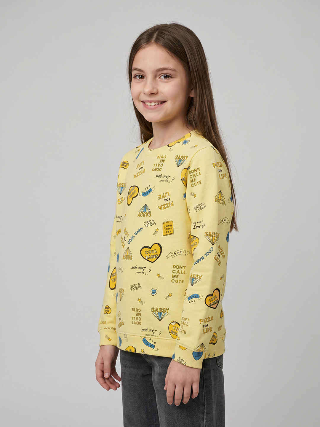 Girls Yellow Printed Round Neck Full Sleeve Sweatshirt