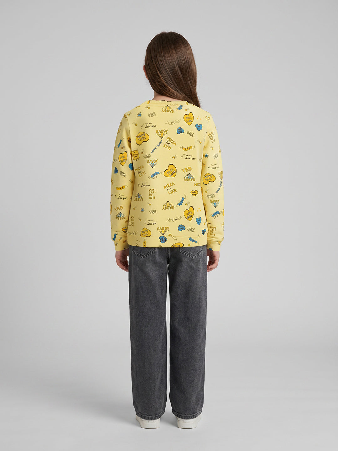 Girls Yellow Printed Round Neck Full Sleeve Sweatshirt