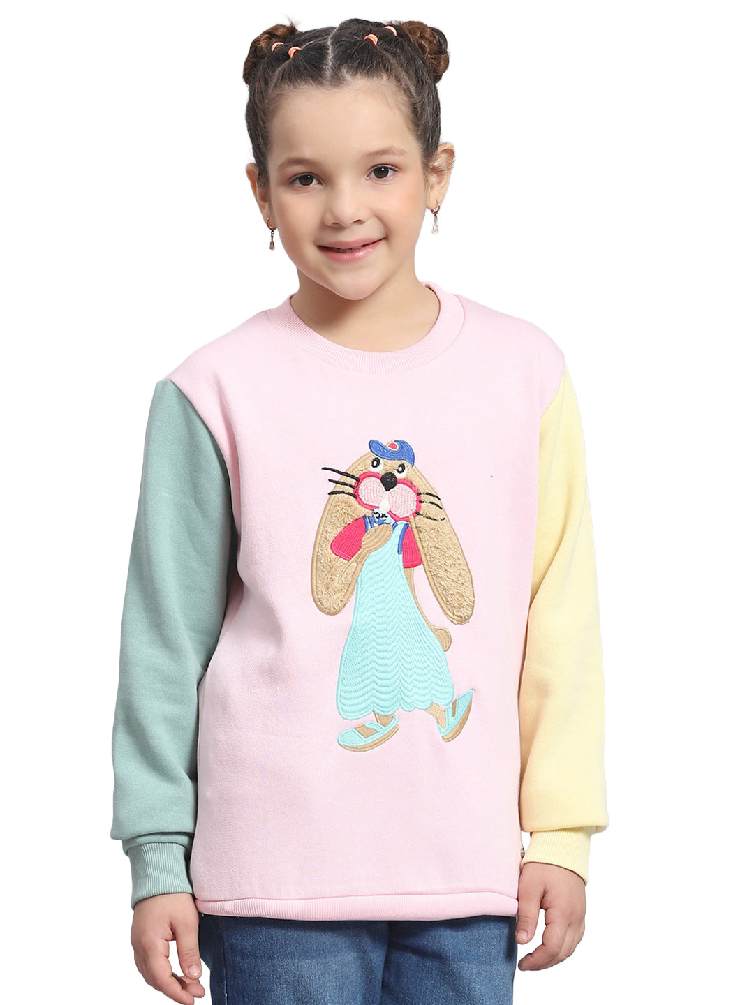 Girls Pink Embroidered Round Neck Full Sleeve Sweatshirt
