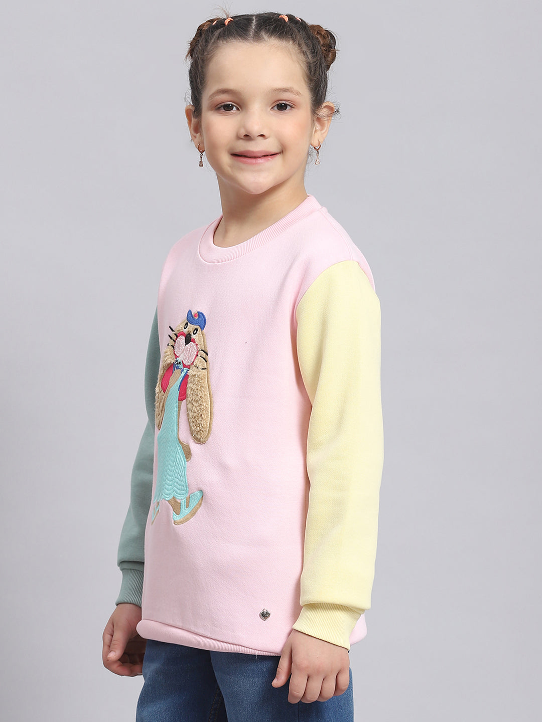 Girls Pink Embroidered Round Neck Full Sleeve Sweatshirt